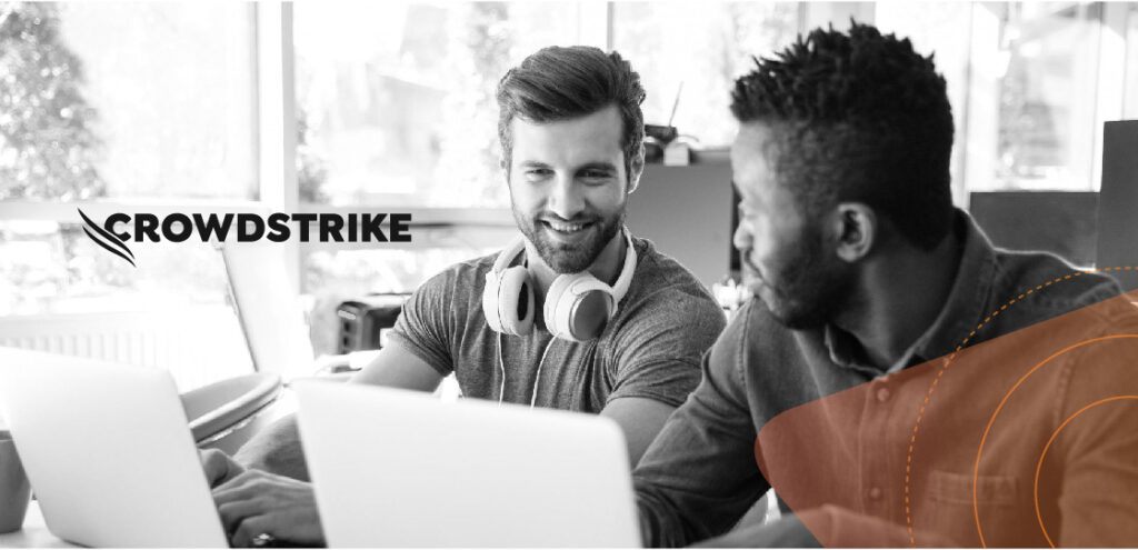 Colagem ilustrando a proteção de endpoints da Crowdstrike em ambiente corporativo
